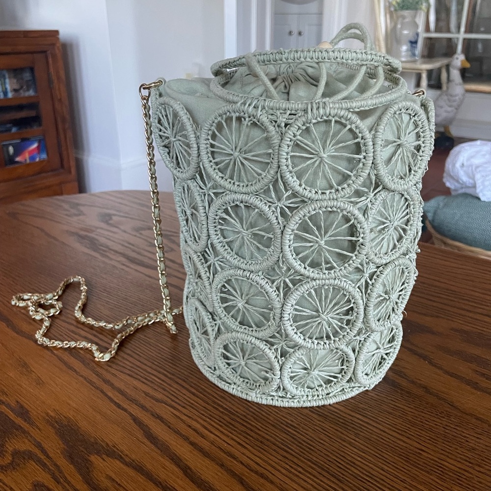 House of Harlow Crochet Circle Bucket Bag with Gold Chain Strap - Sage Green